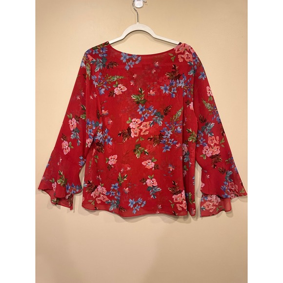 Cabi Women's Floral Chiffon Blouse Red Bell Sleeve Keyhole Neck Top‎ Size Large - Picture 4 of 5